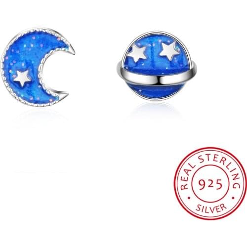 Real 100% 925 Sterling Silver Sparkling Moon & Planet Galaxy Stud Earrings for Women Party Jewelry Anniversary Gift CSE151
