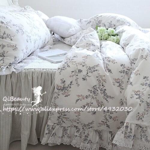 Korean-Style New Ruffled Lace-Embedded Cotton Four-Piece Suit of Cotton Bed Supplies Flower with Stripe