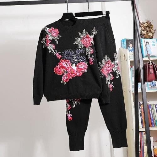 Autumn Black Tracksuits Women Knitted Outfits Beading Flowers Sweater Pencil Pants Two Piece Set Female Loose Knitting Suit