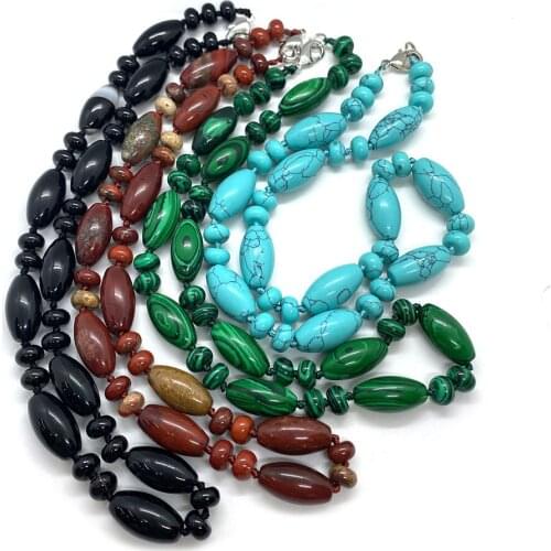 Natural Stone Necklace Olive Oval Green Aventurine White Dot Blue Picture Stone Opal Fashion Vintage Jewelry about 18 Inches