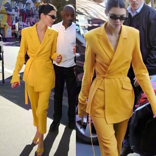 High Quality Celebrity Yellow Long Sleeve Coat With Pant Fashion Women Sets Evening Party Sets