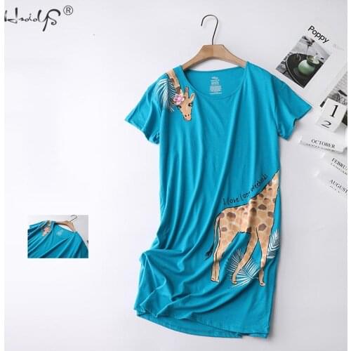 Casual Cartoon Nightdress Women Night Dress Summer Cute Short Sleeve Knit Cotton Sleepdress Women Nightgowns Plus Size Sleepwear