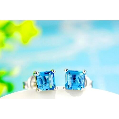 Luxury Female Natural Aquamarine Stone Earrings 925 Sterling Silver Stud Earrings For Women Small 4/5/6/7mm Wedding Earrings