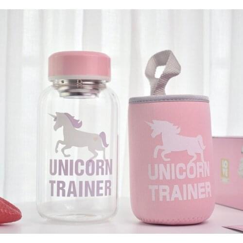 600ml Cartoon Unicorn Glass Water Bottle with Cloth Protection Cover Tea Infuser Include Bottle for Water Liquid Glass