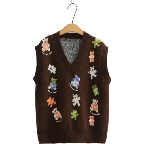 Kawaii Sweater Women Cartoon Bear Sweaters Vest 2021 Winter V Neck Sleeveless Vintage Casual Ladies Knitted Pullovers Casual Top