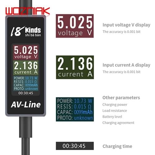 18kinds AV-Line USB charging current and voltage tester mobile phone current fast charging data cable For iPhone Android Voltage