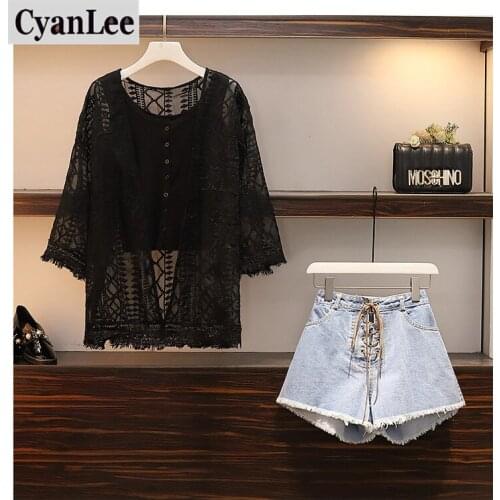 Cyanlee 2020 Spring Summer Women Three Piece Sets Casual O-neck Lace Tassel Tops + Shorts Cowboy Drawstring Set 3 Piece Set