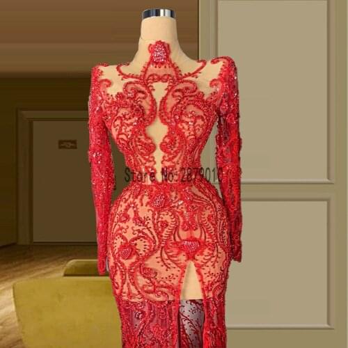 Vintage Red High Neck Muslim Long Sleeve Evening Dresses Sexy Split Illusion Lace Evening Gowns Luxury Beading Formal Dresses