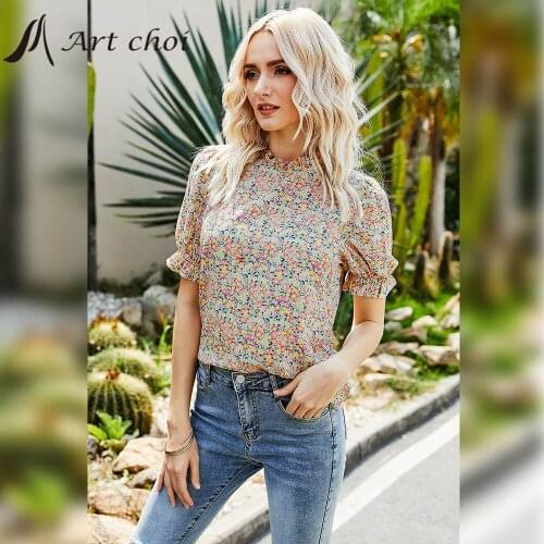 2021 Summer Elegant Floral Print Casual T-Shirts Women Puff Sleeve Crop Tops Chic Female Office Ladies T Shirt Pullover