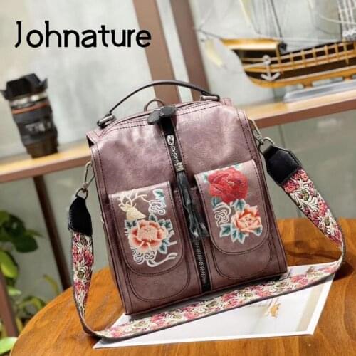 Johnature Chinese Style Embroidery Women Bag 2020 New Retro Leather Shoulder Bag Women Backpack Large Capacity Travel Bags