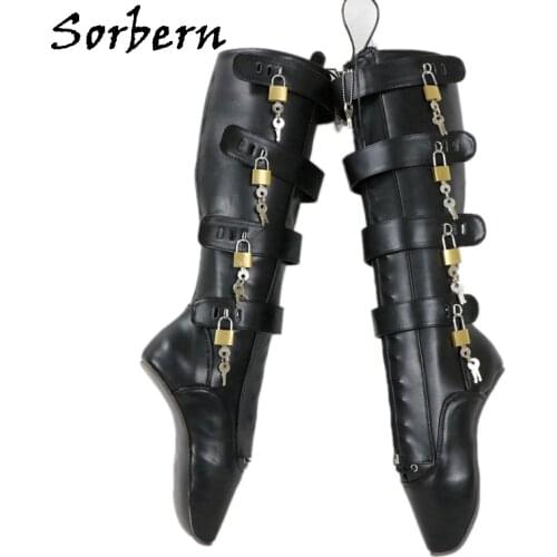 Sorbern Sexy Heelless Ballet Boots Knee High Women Lockable Zipper Front Lace Up Inside 8 Locks Heelless Boots
