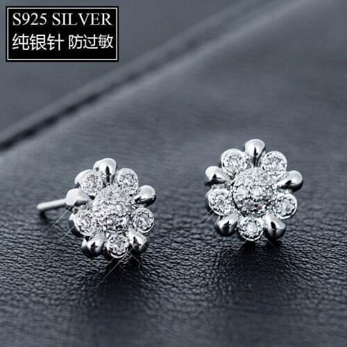 Prevent allergies S925 Earrings For Women Child Frosted Double Zircon Flower Earrings Studs Brincos Best Sterling--Jewelry Gift