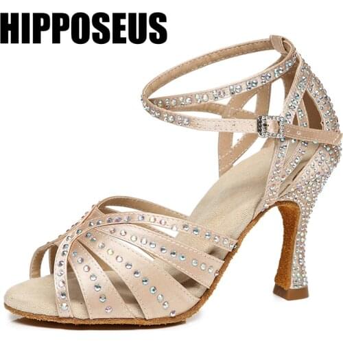 HIPPOSEUS Girls Dance-Shoes For Women Ladies Ballroom Latin Modern Tango Jazz Dancing Shoes Sequined Salsa Sandrals Satin Heels