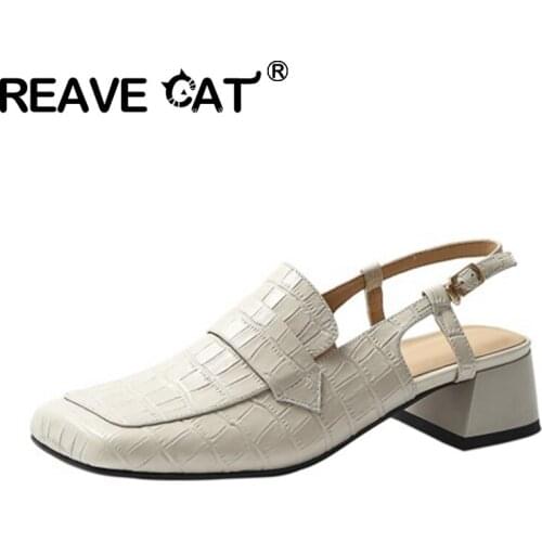 REAVE CAT 2021 Retro Ladies Pumps Square Toe Alligator Texture Back Strap Slingbacks 4.5cm Chunky Heel US10 11 Brown Beige A4328