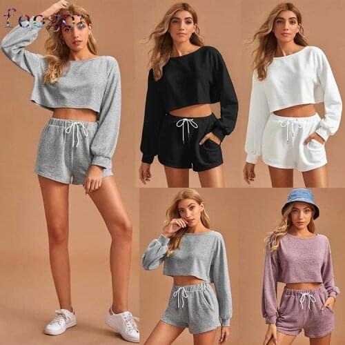 FEOGOR fall solid color round neck long-sleeved sweater casual short pants two-piece Summer sweater Womens blouse sportswear