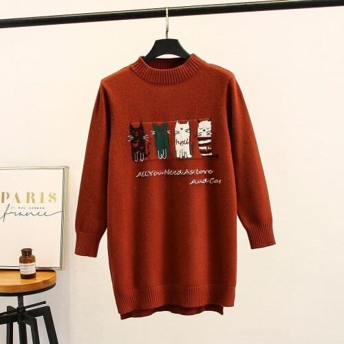 2018 Women winter autumn jacquard weave four cats long sleeve pullovers casual black grey long sweater Plus size XL-4XL