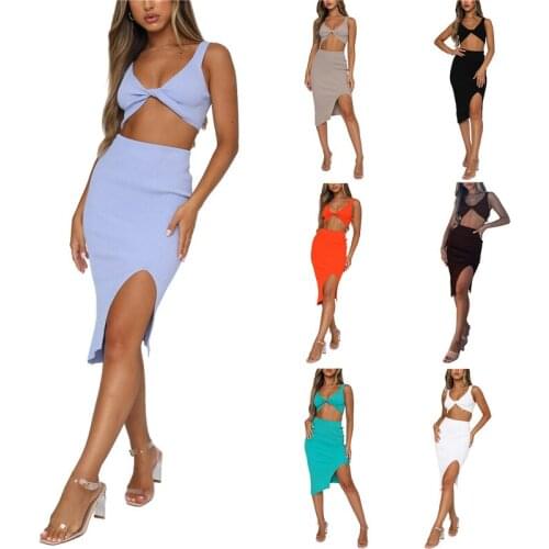 Women Ribbed Knit Two Piece Set Split Skirts Crop Tank Tops Sexy Elegant Matching Clothes Party 2021 Summer Streetwear Outfits