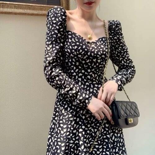 New Spring Women Long Slice Dress Square Collar Black Long Sleeve Dress Slim High Waist Office Lady Mid-Calf Sexy Korean 2021