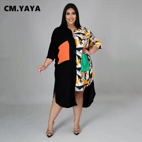 CM.YAYA Women Plus Size Dress Patchwork Turn-down Collar Single Breasted Loose Straight Midi Dresses with Pockets Summer Outfits