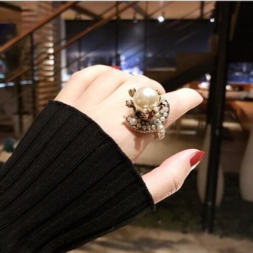 MWsonya Summer Jewelry Vintage Imitation Pearl Flower Ring for Women Fashion Adjustable Finger Rings Female Punk Party Set