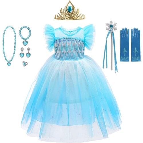2021 New Elsa Dress Girls Summer Dress Princess Cosplay Costume Dresses Snow Queen Halloween Birthday Party Dress Child Clothing