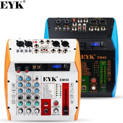 EYK EM40 Professional Audio Mixer with Sound Card 4 Channel Mixing Console PC USB Play Recording Bluetooth 99 DSP Guitar PAD