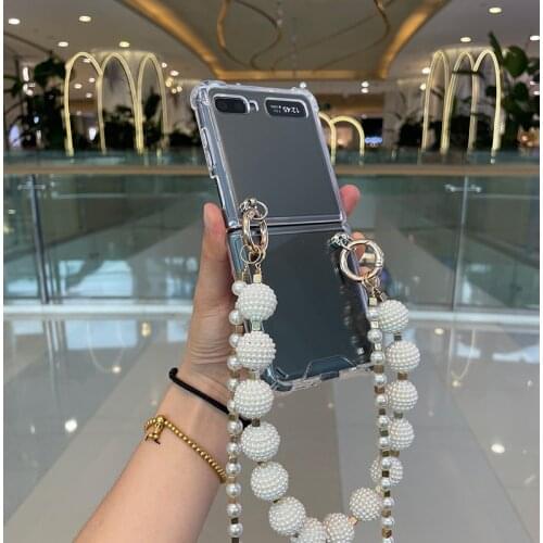 DIY Super Luxury Fashion Diamond Bracelet Handbag Case For Samsung Galaxy Z Flip 5G Portable Long Pearl Chain Shockproof Cover