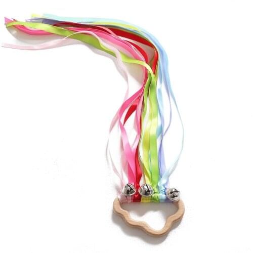D7WF Rainbow Hand Kite Ribbon Streamer Wand with Jingle Bells Montessori Sensory Rainbow Ribbon Baby Rattle Toys