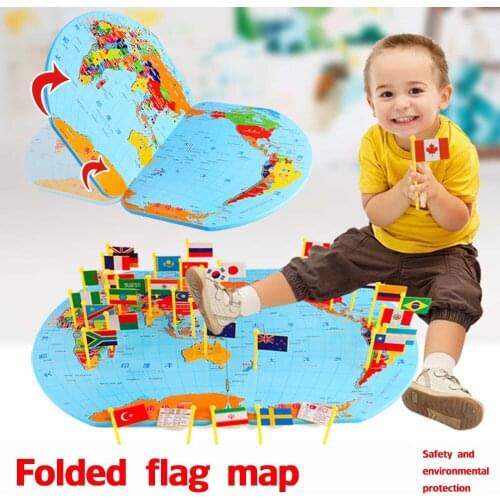 Wooden Children Puzzle Toys Map Of The World Flags Babys Cognition Geographical Knowledge Stereo Educational Toys Kids Gift