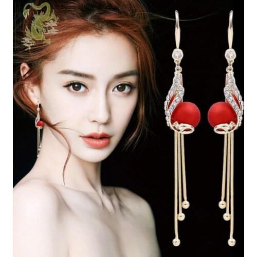 Elegant Temperamental Alloy Peacock Full Rhinestone Tassel Pendant Earrings Exquisite Super Fairy Red Simulated-pearl Earrings