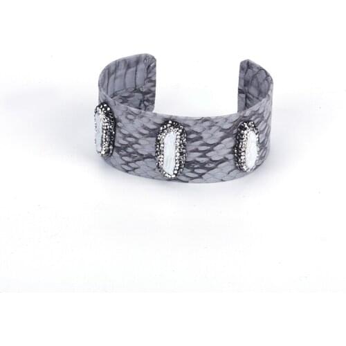Natural Irregular Long Freshwater Pearl Beads Charm Pave Rhinestone Grey Real Snake Leather Wrap Big Open Bangle Cuff For Women