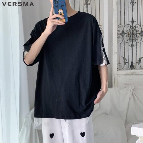 VERSMA Japanese Vintage Fake Two Piece T-shirts Men Women Zipper Design High Street Short Sleeve White T-shirt Male Dropshipping