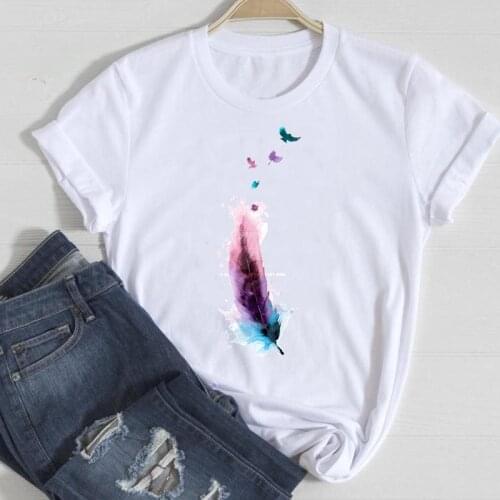 Graphic T Top Lady Print Tee T-Shirt Women Casual Kawaii Feather Watercolor Cartoon Summer Female Tshirts Fashion Clothes
