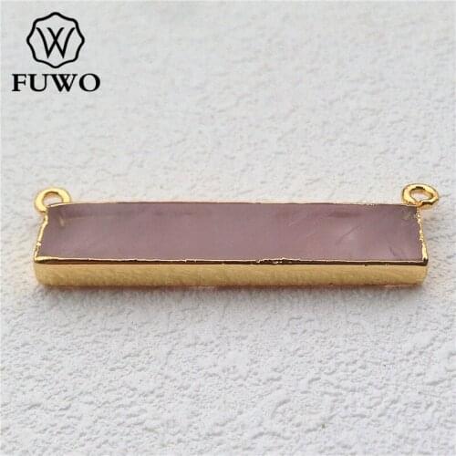 FUWO Natural Pink Quartz Bar Connector 24K Gold Electroplate Double Bails Pink Essence Crystal Pendant Jewelry Wholesale PD033