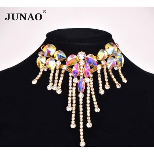 JUNAO 88*100mm Sewing Crystal AB Glass Flowers Rhinestone Applique Trim Crystal Fringe Strass Buckle for Necklace Decoration