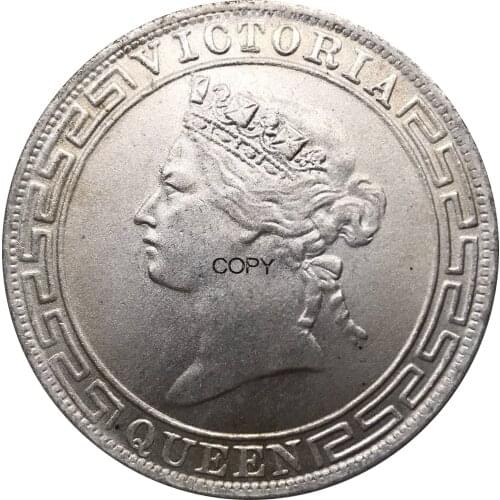 China Hong Kong Coin 1867 1/2 Half Dollar Victoria Queen Crowend Bust Facing Left Metal Cupronickel Plated Silver Replica Coins