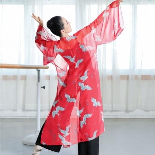 Modern Dancing Costume Woman Chinese Style National Crane Print Chiffon Cardigan Elegant Ballroom Ballet Classical Dance Wear