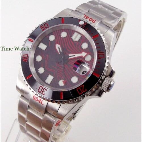 40mm Red Face Mens Automatic Watch Japan NH35 Movement Sapphire Glass 904L Oyster Bracelet Glide Lock Ceramic Insert