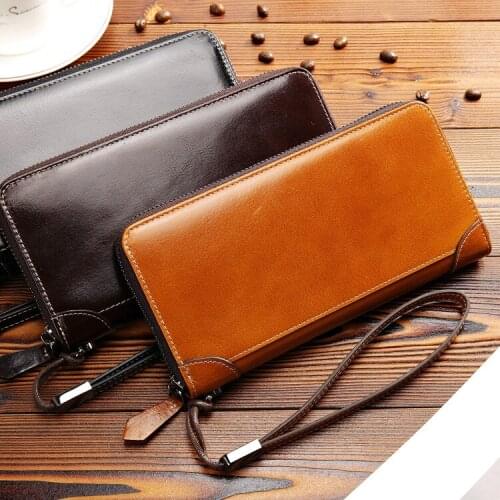 Mens Wallet Oil Wax Genuine Leather Head Layer Cowhide Long Hand Bag Business Wallet Mens Zipper Wallet