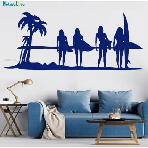 Surfing Girl Surf Wall Decal Palm Tree Beach Vinyl Home Shop Decor Nature Sticker Sports Art Décor Selfadhesive YT3815