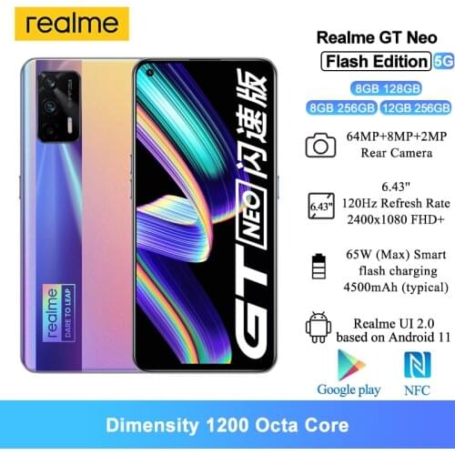 New Realme GT Neo Flash Edition 5G Smartphone 256GB ROM 6.43" 4500mAh Dimensity 1200 Octa Core 64MP Rear Camera Mobile phone