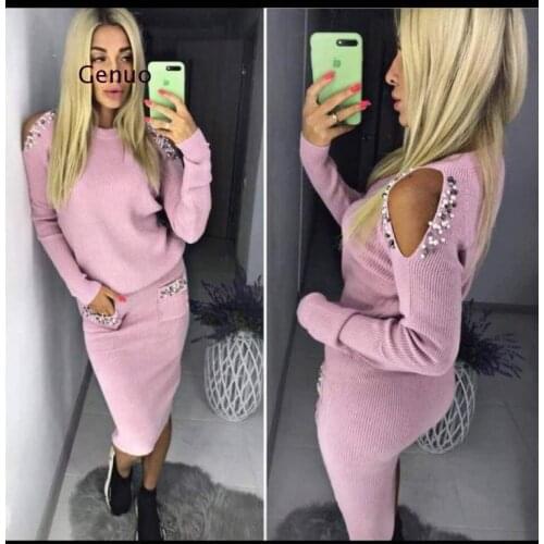 Autumn Winter Beating Two Piece Sets Long Sleeve Pearls Sweater Pockets Skirts Set Women Knitted Beading Spliced Casual Suit