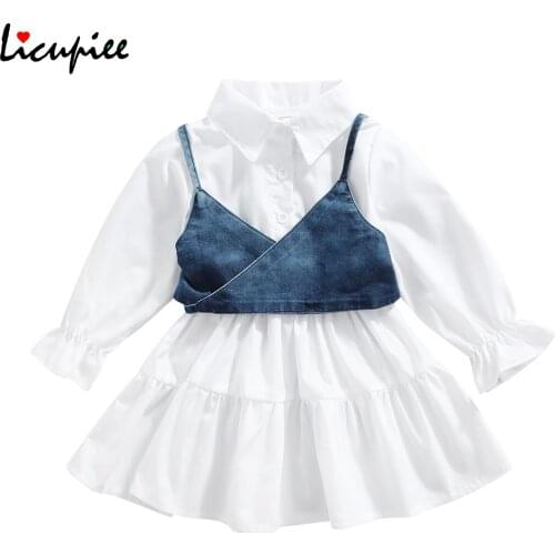 1-6 Years 2 Pcs Infant Solid Outfits Girls Button-down Long Sleeve Lapel Dress + Surplice Neckline Spaghetti Strap Camisole
