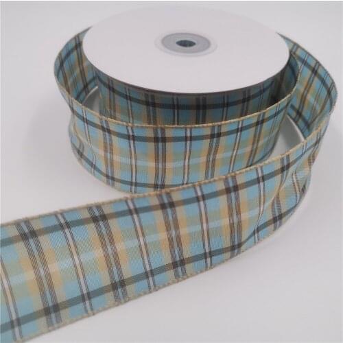 38MM X 25Yards Buffalo Plaid Wired Ribbon Decoration Blue and Beige Plaid for Decorate House,Christmas Wreaths N1210