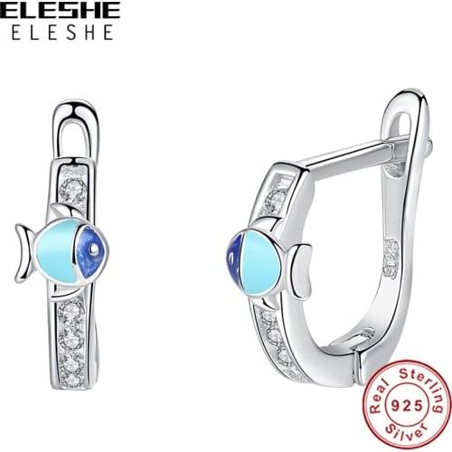Fashion Real 925 Sterling Silver Blue Enamel Fish Earrings Clear CZ Hoop Earrings For Girls Kids Children Jewelry Gift