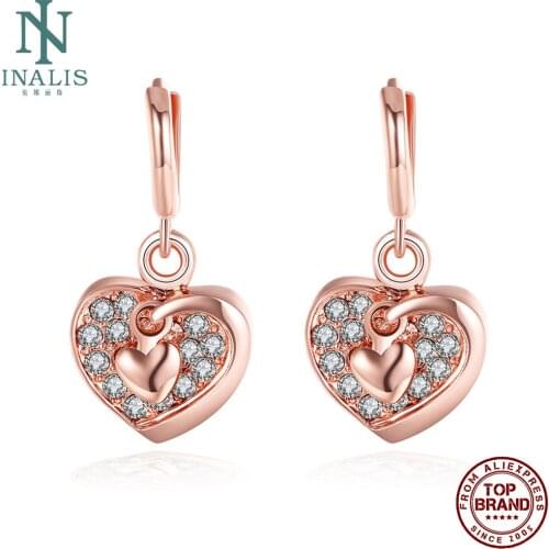 INALIS Romantic Heart-Shaped Drop Earrings For Women Rose Gold Plated Female Copper Earring Anniversary Fashion Jewelry On Sale