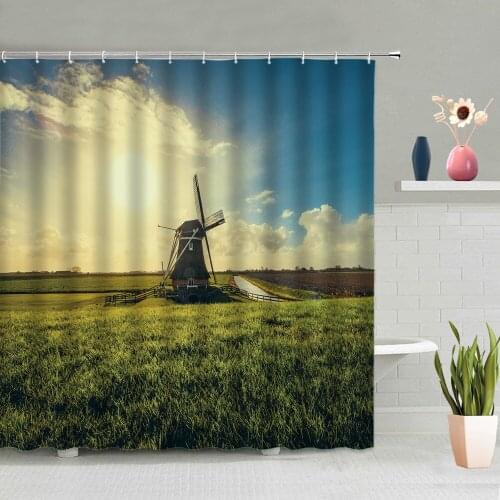 Windmill Pattern Shower Curtain Lavender Flowers Sky Forest Sunset Grass Background Bathroom Decoration Washable With Hook Set