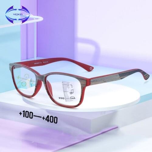VCKA rogressive Multifocal Reading Glasses Men Women Anti Blue Light Eyeglass Retro Wood grain Near and far Eyewear +1.0 to+4.0