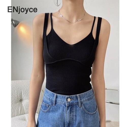 Vintage Double Shoulder Strap Camisole Women Sexy Knitted Vest Ladies Slim Stripes Knitwear Sling Tank Top Camis Cropped Tops