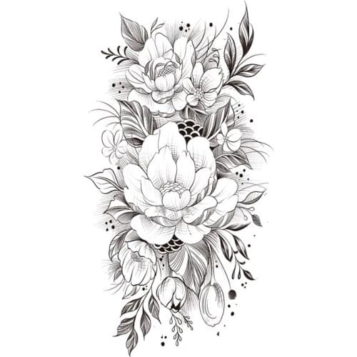 Plain Flower Waterproof Temporary Tattoo Sticker Black Peony Branches Leaves Fake Tattoos Flash Tatoos Arm Body Art for Women